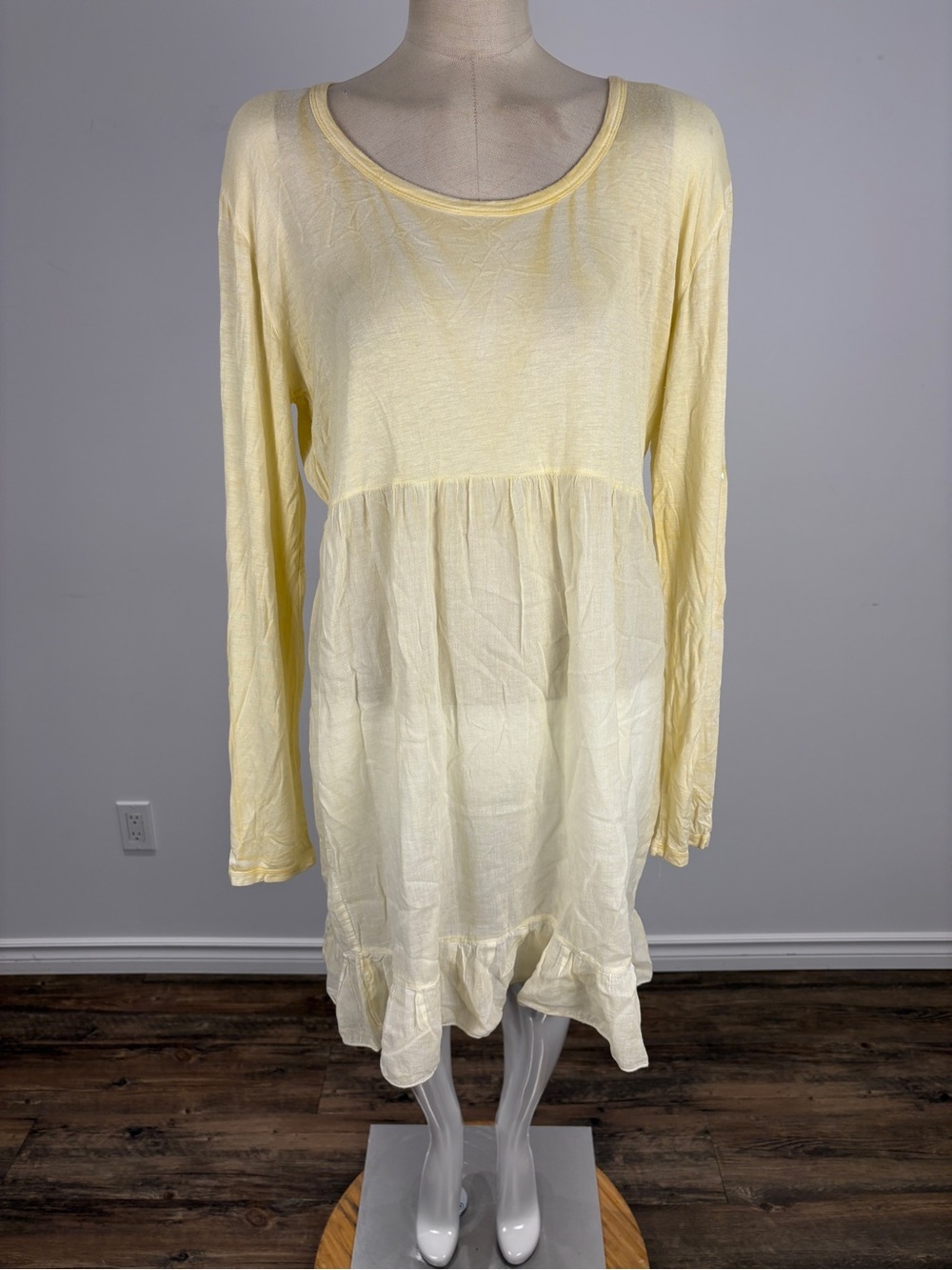 Baba India Onesize Butter Yellow Babydoll Dress Long Sleeve Ruffle Tunic Boho